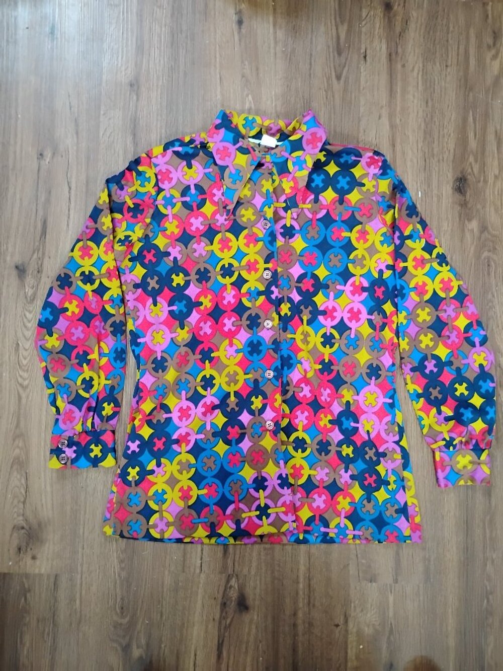 Vintage Alice Stuart Psychedelic Tiles Polyester Disco Shirt - Picture 2 of 5